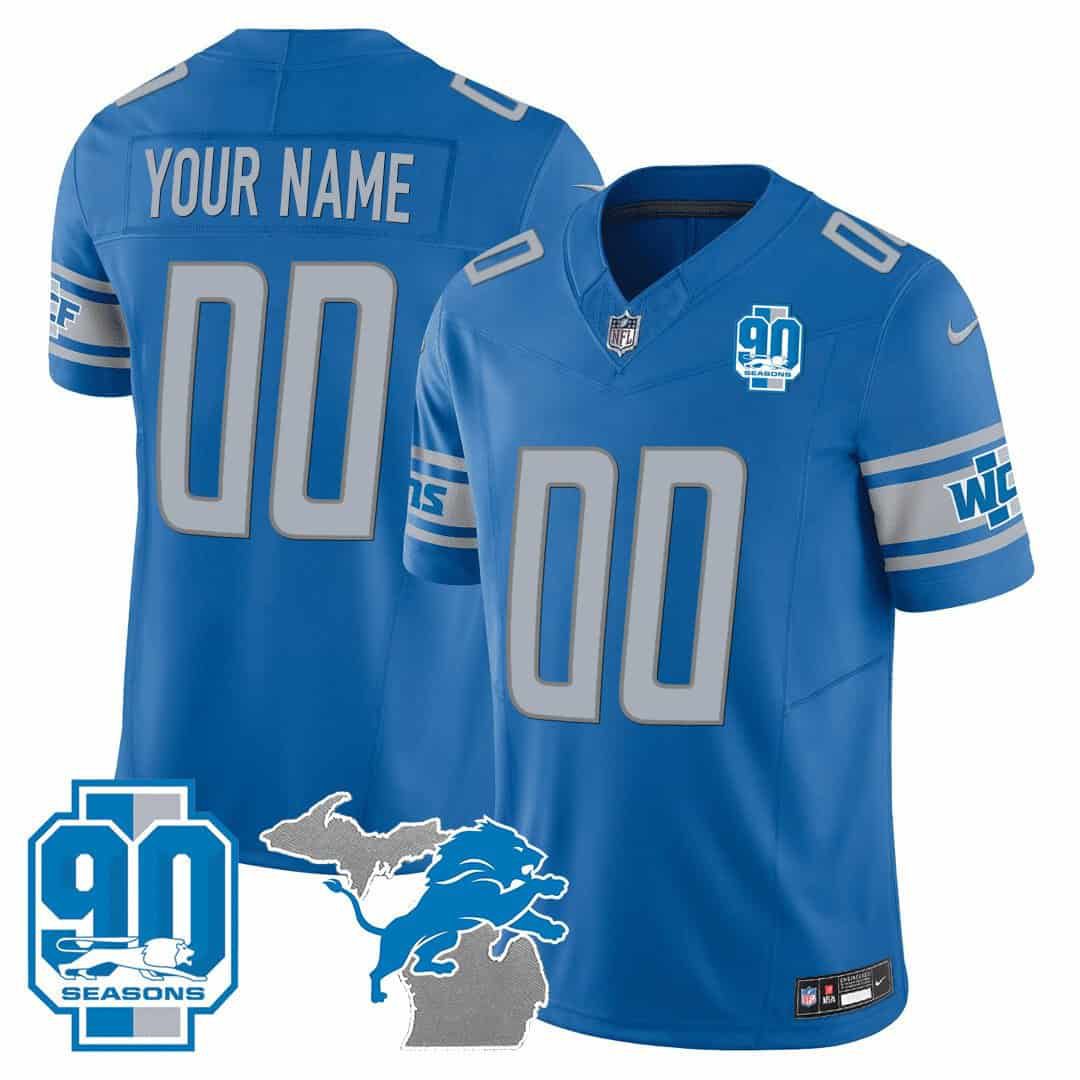 Men Detroit Lions Blue 2024 Nike 90th Year Michigan Patch Custom Vapor NFL Jersey style 1